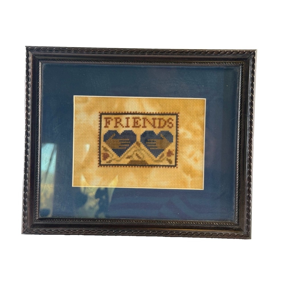 Vintage Country Primitive Friends Cross Stitch Framed Blue Hearts Shaking Hands